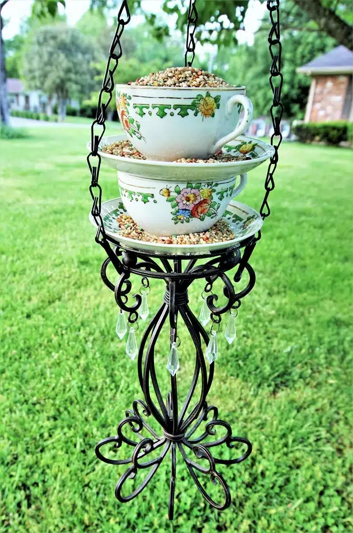 Chic DIY Bird Feeder Tea Cup and Candle Holder Repurpose Idea