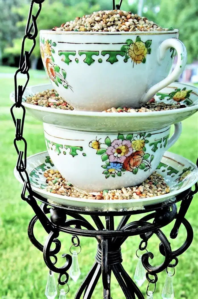 DIY Bird Feeder Made With Tea Cups and a Candle Holder