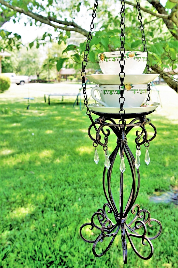 DIY tea cup bird feeder with tear drop crystals
