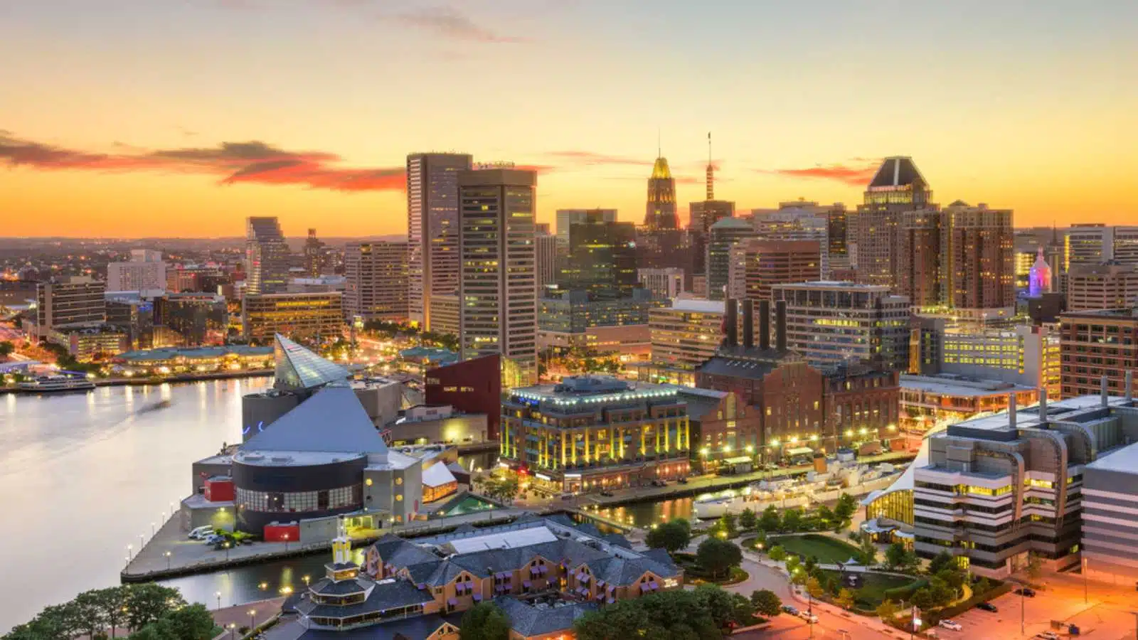 Baltimore, Maryland, USA downtown cityscape at dusk.