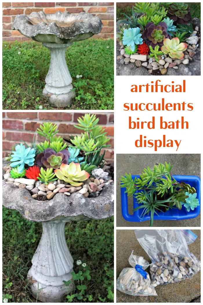 artificial succulents bird bath display idea