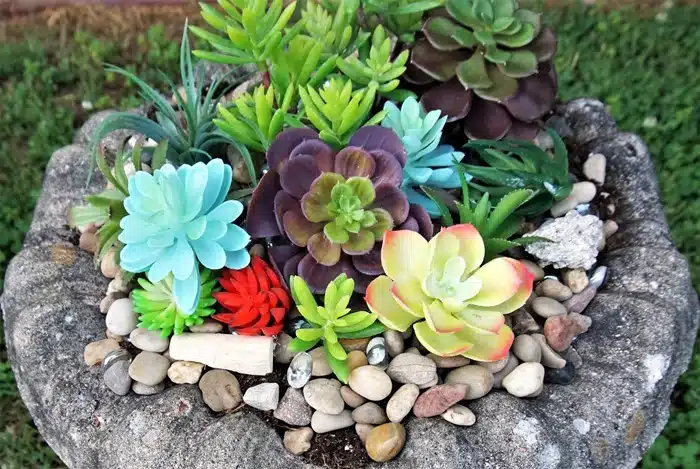 how to make an artificial succulent bird bath display that looks real