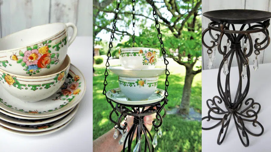 Tea Cup and Saucer Hanging Bird Feeder Set of 4