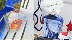 use a hydrodip spray paint technique on a recycled Crown Royal bottle