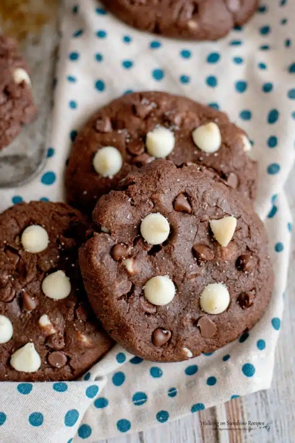 close up of double chocolate chip cookies