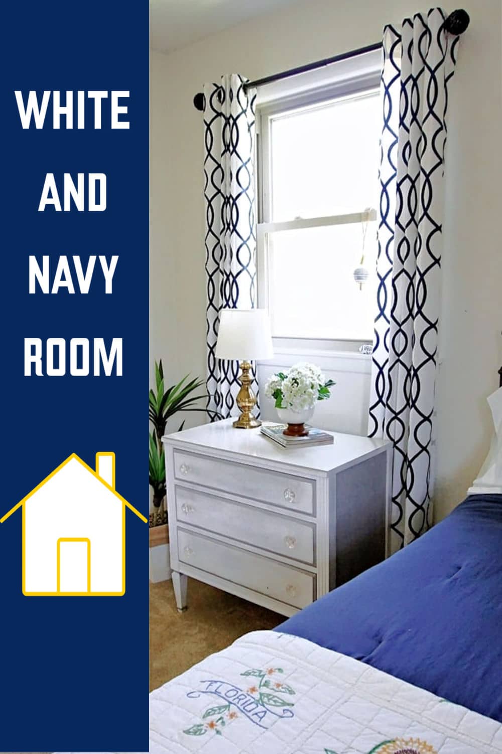white and navy bedroom
