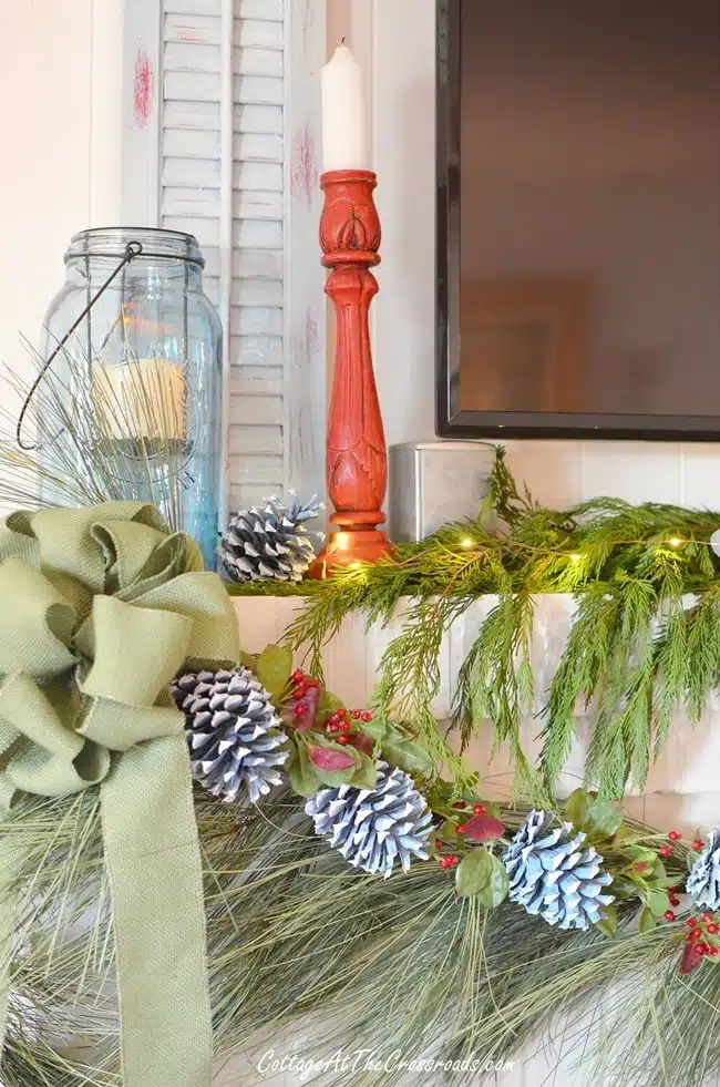 Christmas mantel with blue shutter