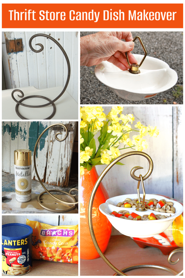 thrift store upcycled candy dish with candy corn and peanuts