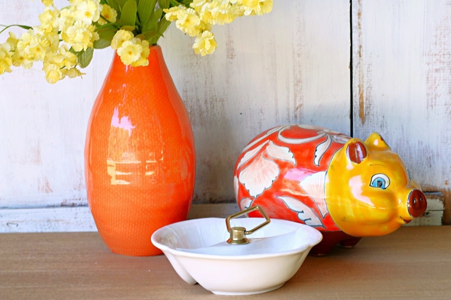 thrift store upcycled candy dish with candy corn and salted peanuts