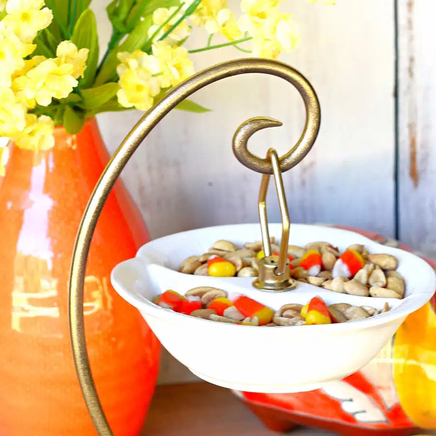 thrifty upcycle idea hanging dish for candy corn and salted peanuts Fall Halloween Display