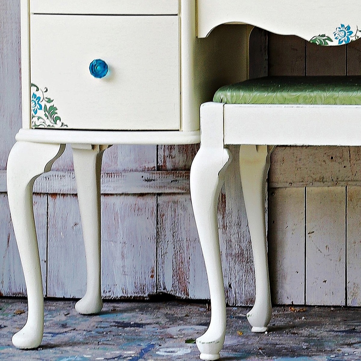 vintage desk and stool painted with Dixie Belle Paint