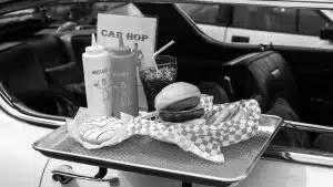 drive in diner tray black and white photo
