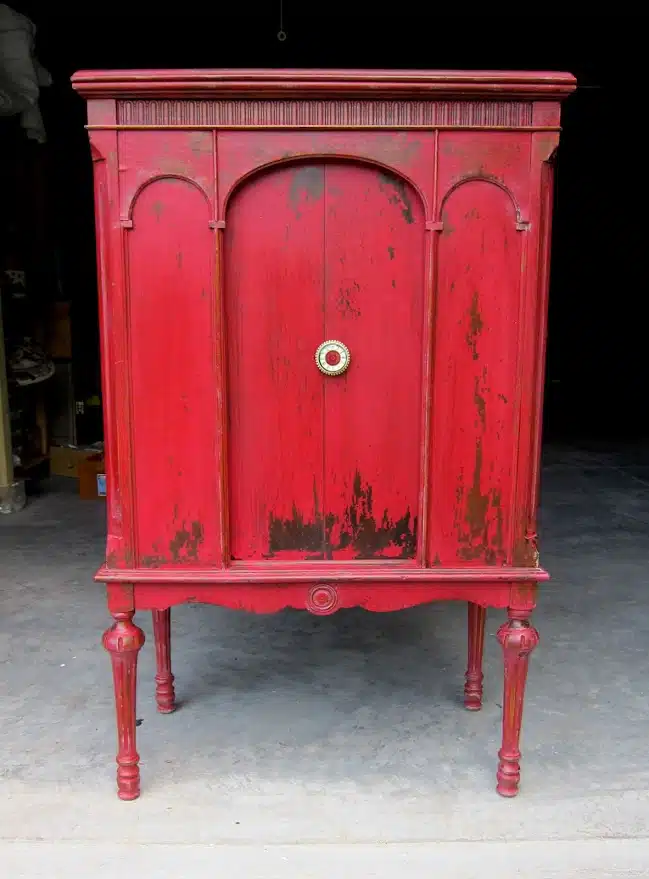 Red radio cabinet painted by Petticoat Junktion