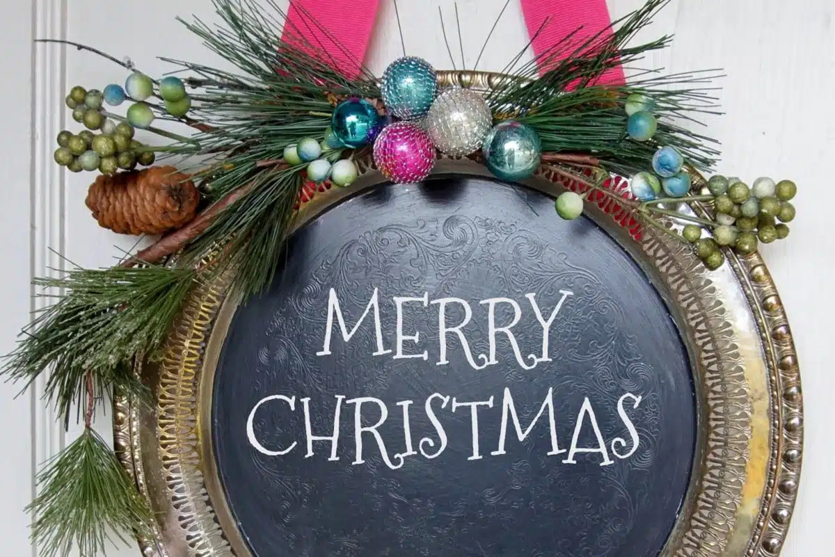 DIY Silver Plate Tray Chalkboard Merry Christmas Wreath