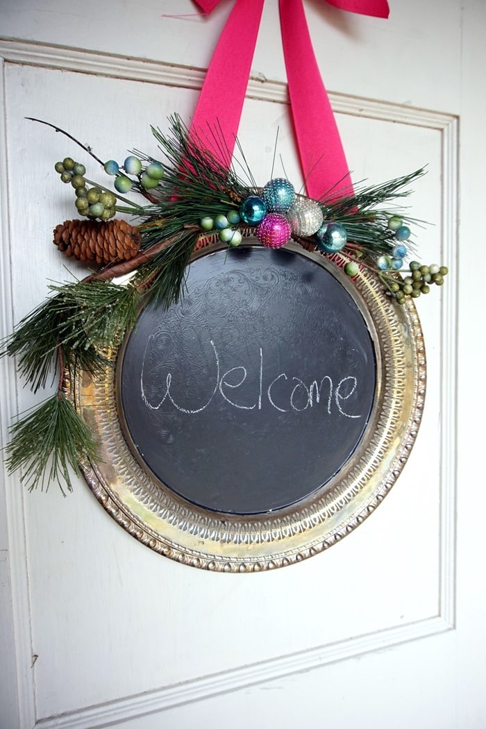 make a sliver plate wreath using chalkboard paint