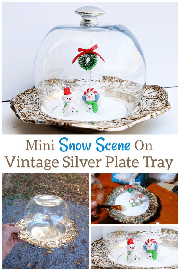 snow scene display on a silver plate tray