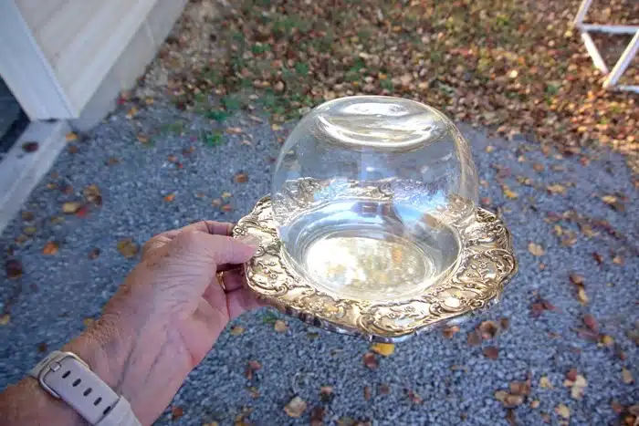 silver platter and clear glass bowl snow globe diy