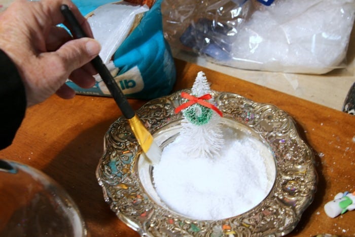 snow globe snow scene using a silver plate dish (1)