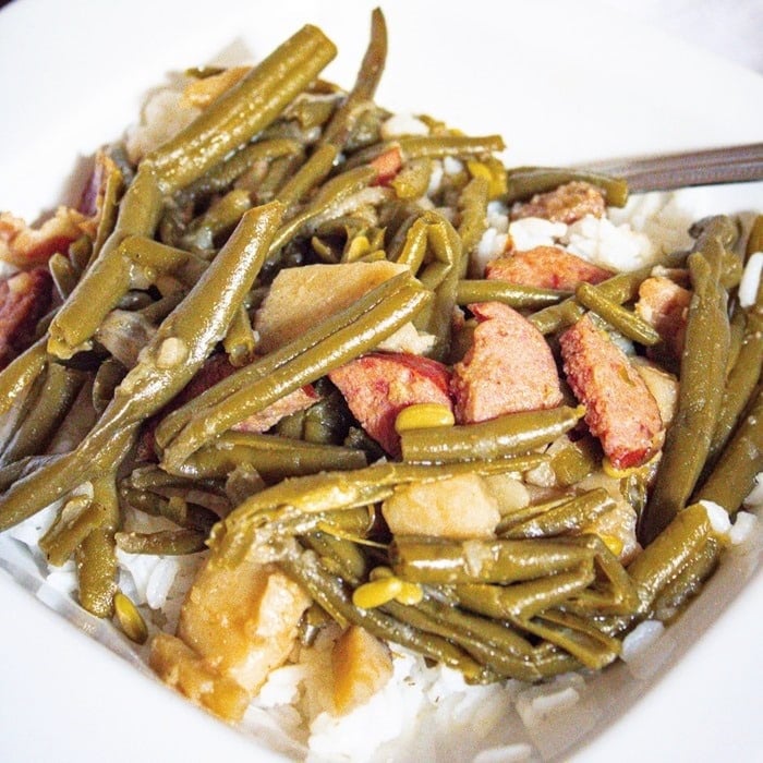 Cajun Spiced Green Beans with Andouille Sausage and Bacon
