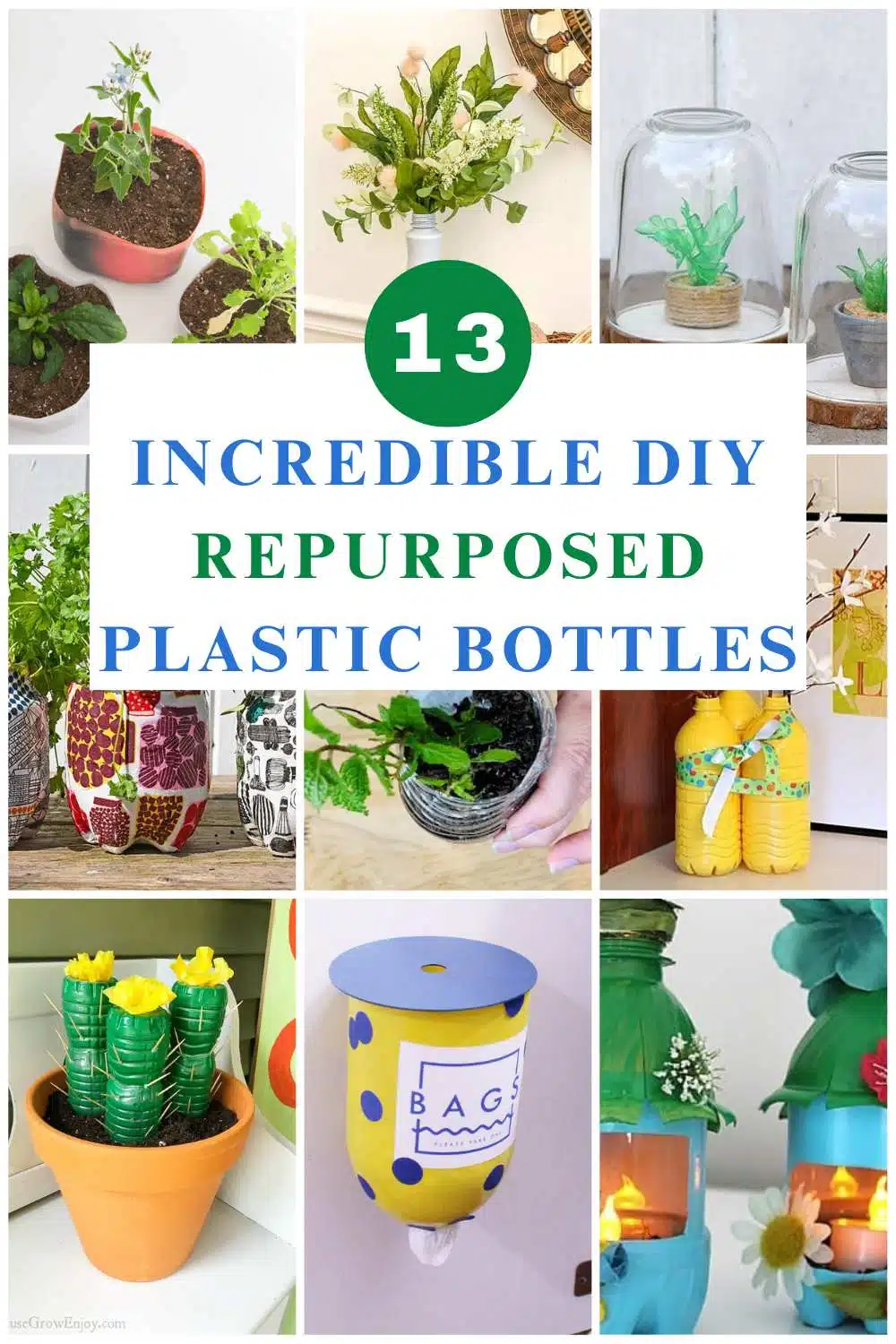 pin collage with 13 repurposed plastic bottle projects