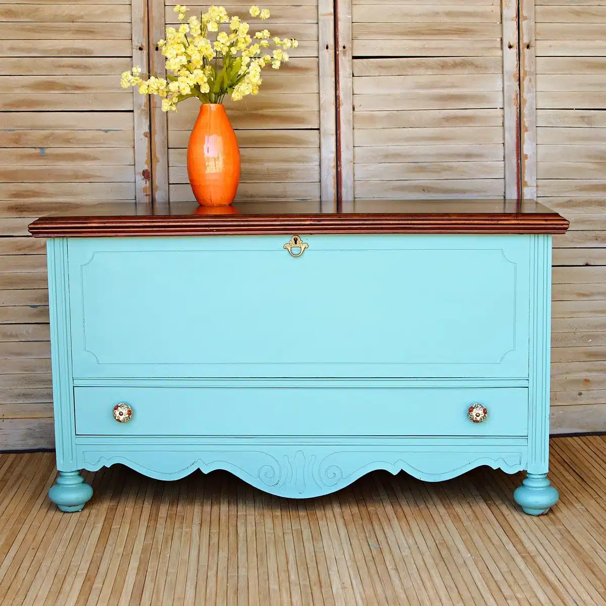 cedar chest makeover two tone paint and stain finish