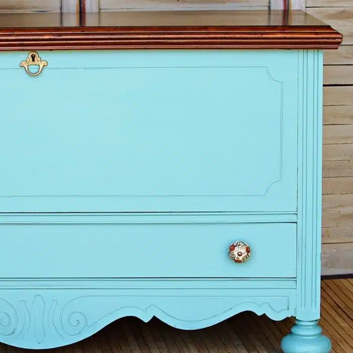 cedar chest makeover with Valspar Reserve paint to enhance the original stained finish of the cedar chest top