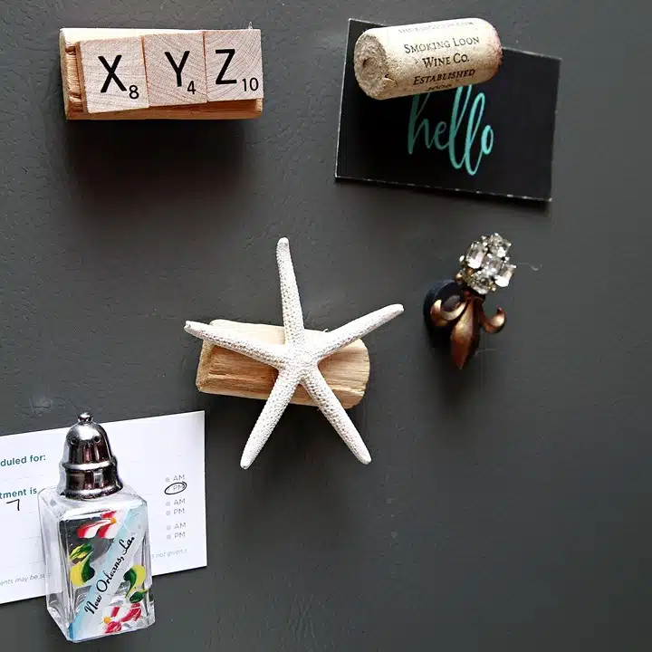 make refrigerator magnets using stuff from your junk drawer