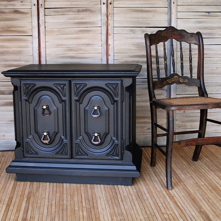 side table painted black with new knobs