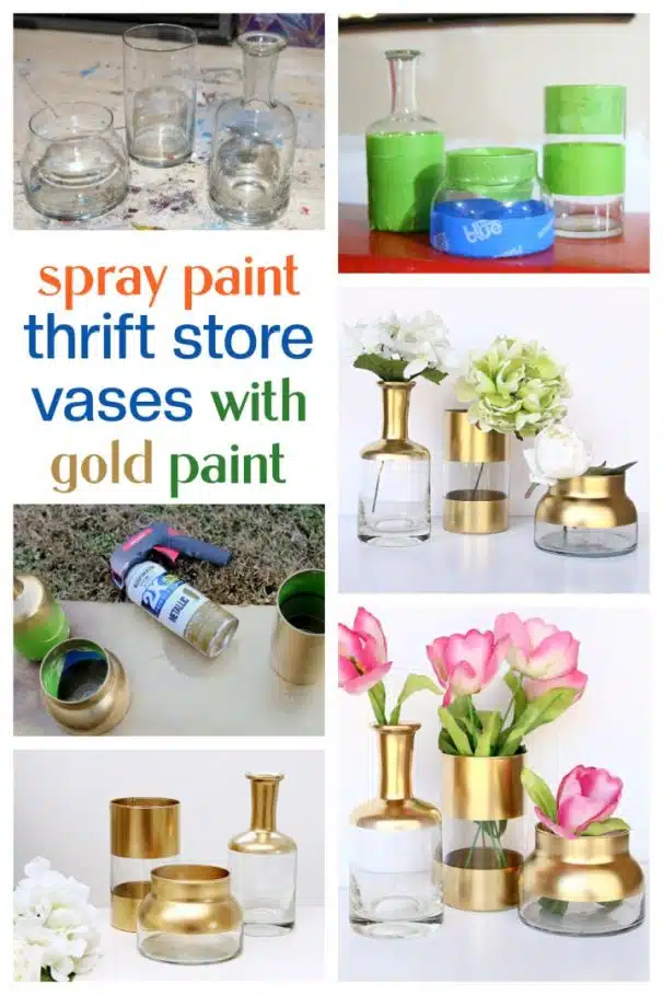 thrift store vases painted with metallic gold spray paint