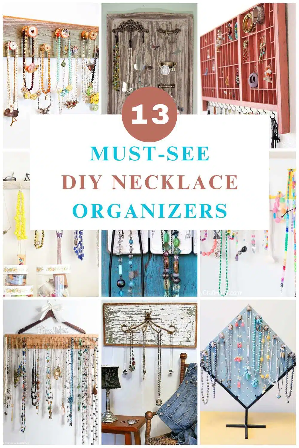 pin collage with diy necklace organizers with text