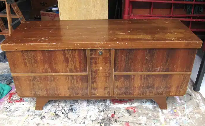 mid century modern cedar chest before painting