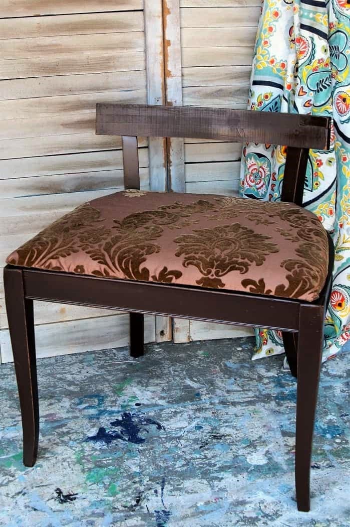 vintage vanity stool makeover with new seat fabric and spray painted brown