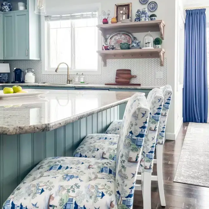 blue and white fabric stools