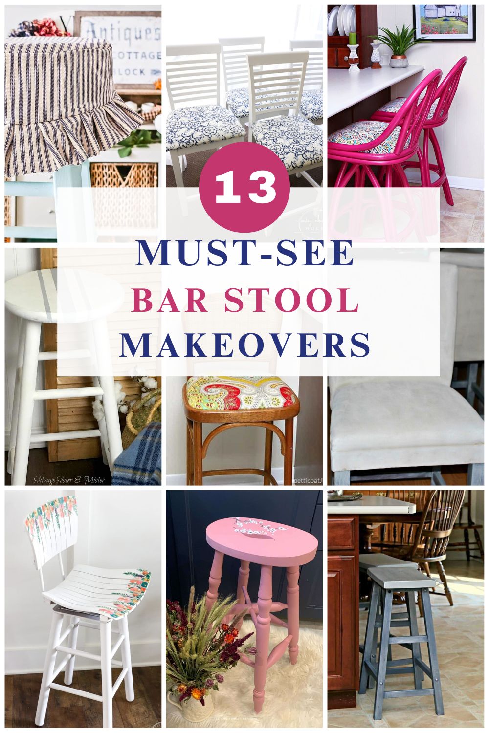 collage with 9 images with diy bar stool makeovers.
