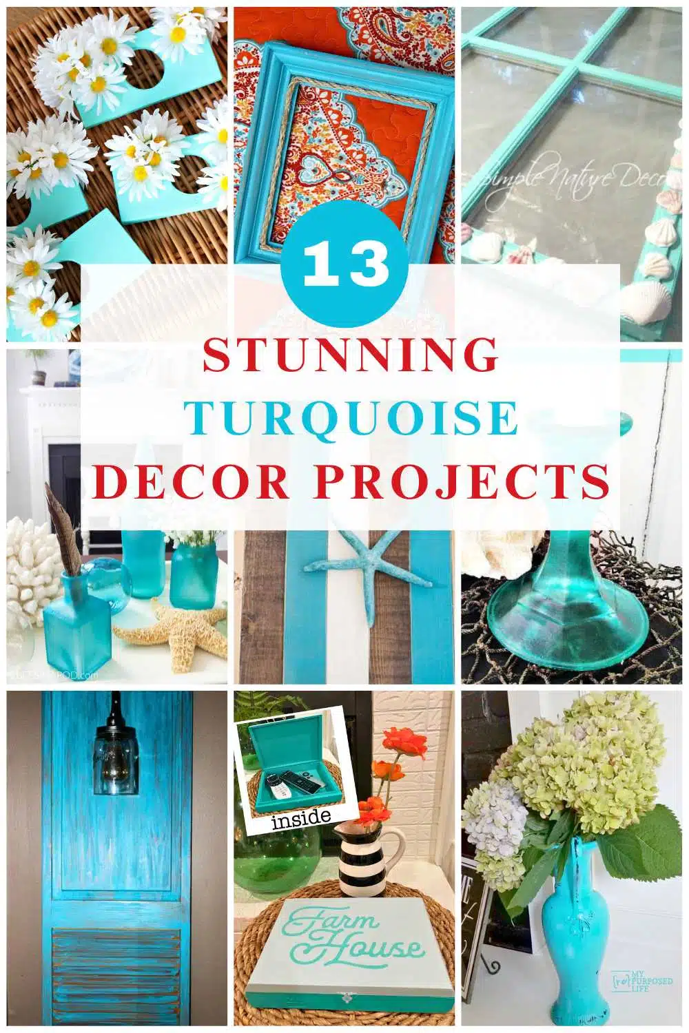 collage with 9 diy turquoise decor projects with text 