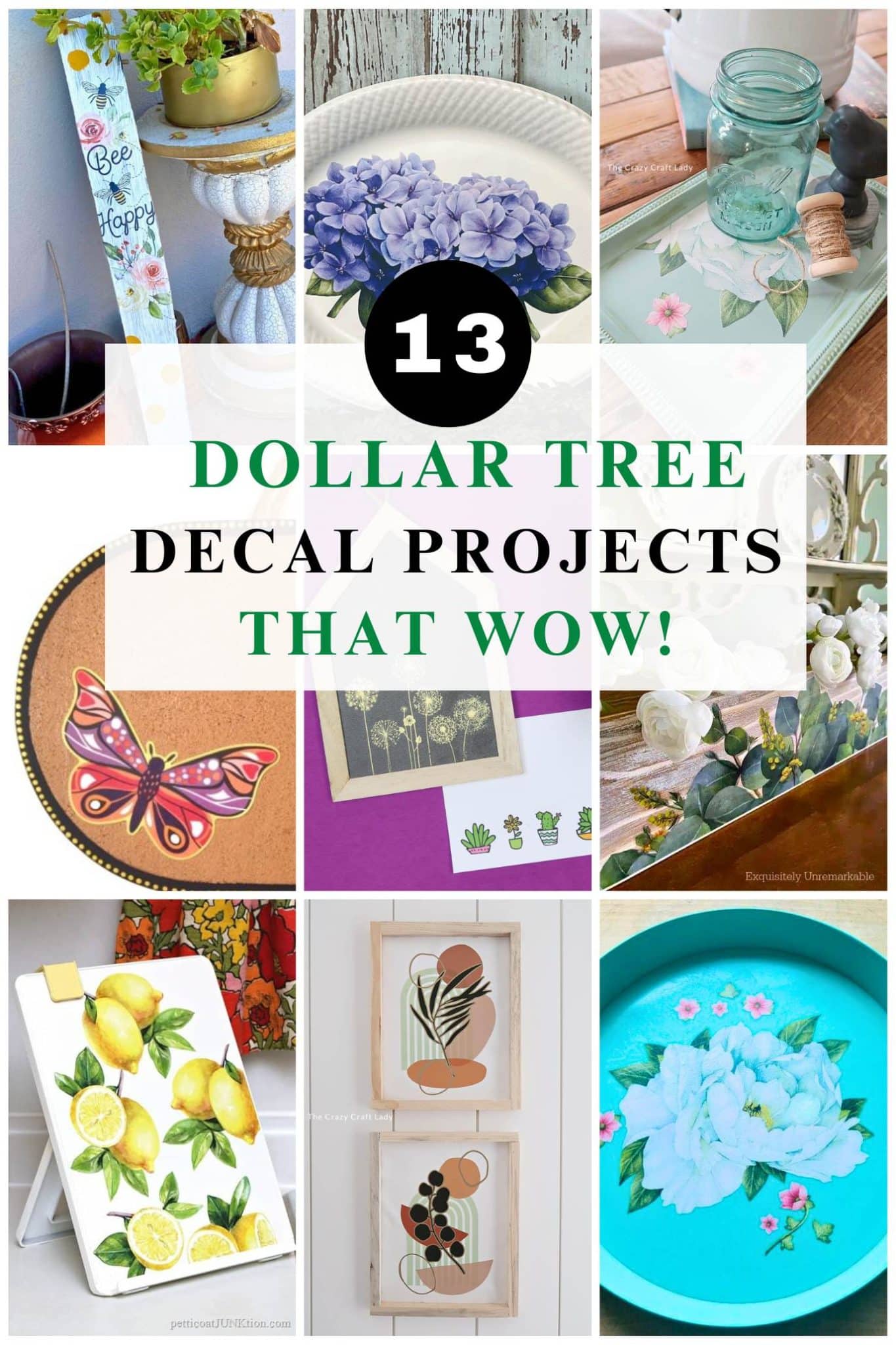 collage of 9 images with DIY Dollar Tree decal projects.