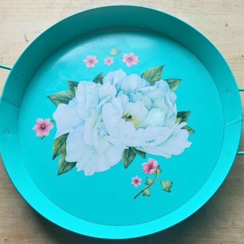 aqua painted tray with decals