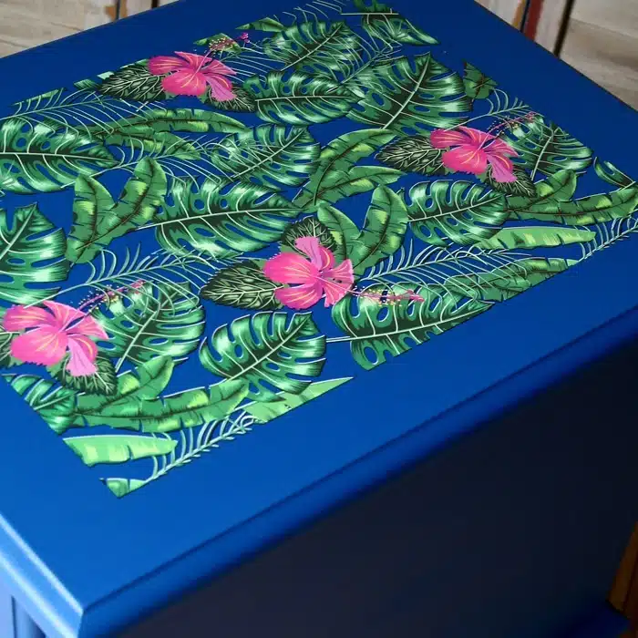 decorative tropical design transfer on blue painted furniture