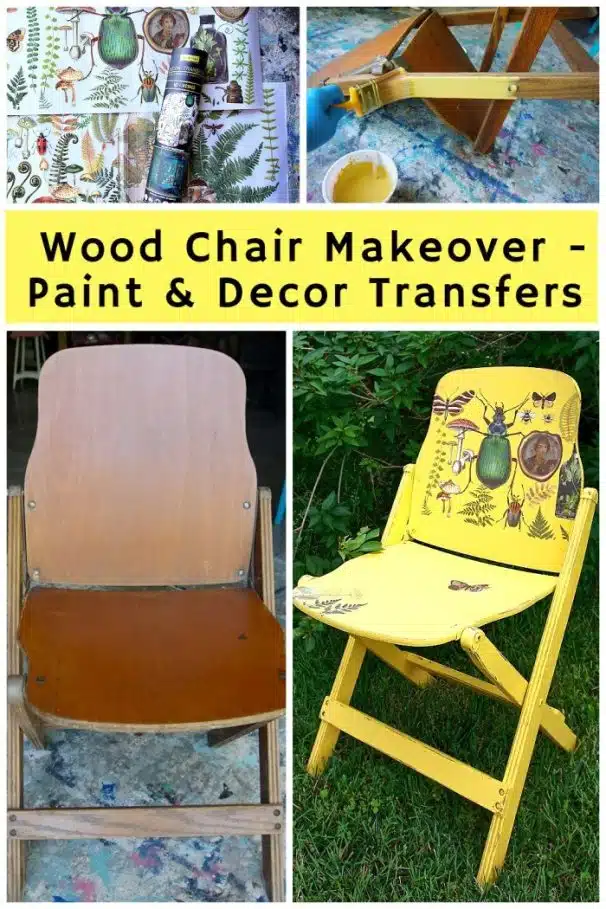 Painting a folding chair a bold yellow color and applying Re-Design with Prima decor transfers