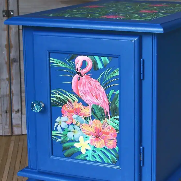 painted table with flamingo decor transfer for tropical glam