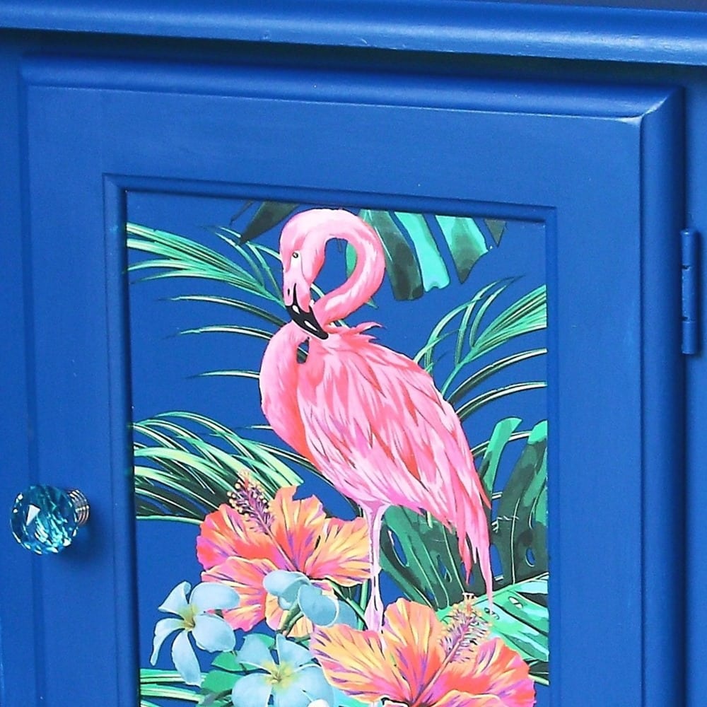 Pink flamingo decor transfer on painted furniture