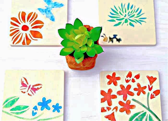 stenciled coasters with floral design for Summer