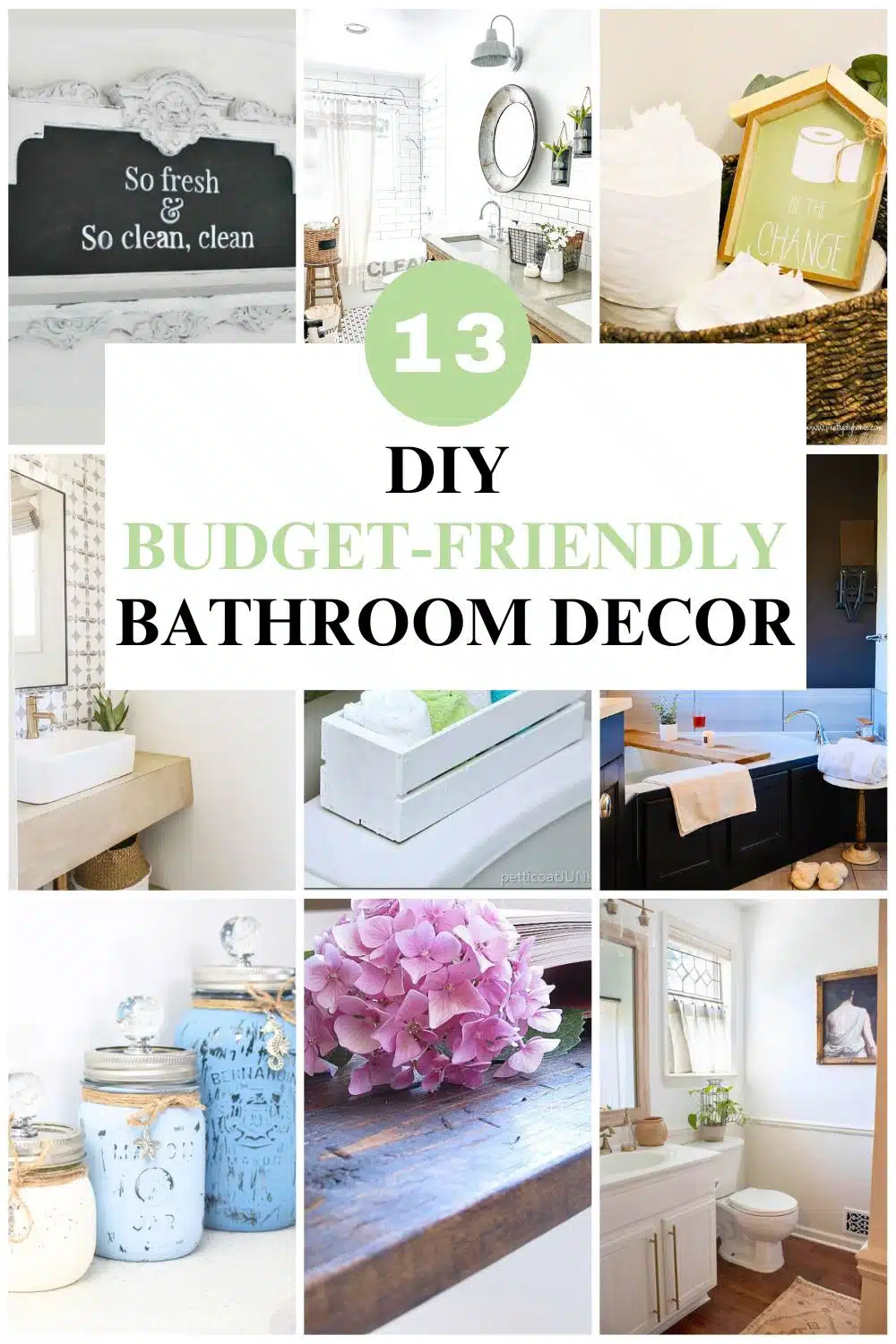 collage with 9 diy bathroom decor images with text