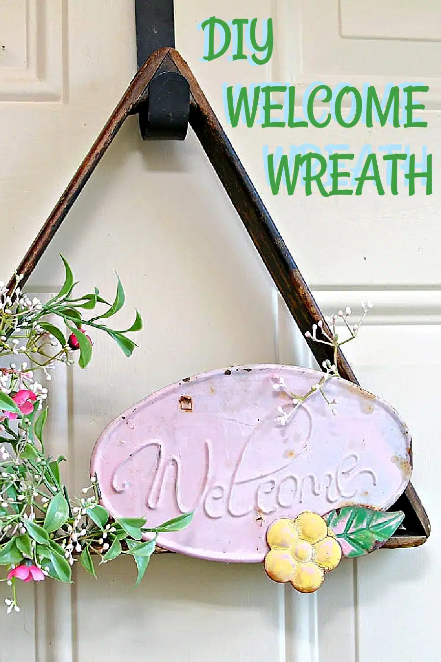 DIY welcome wreath made with recycled wood rack