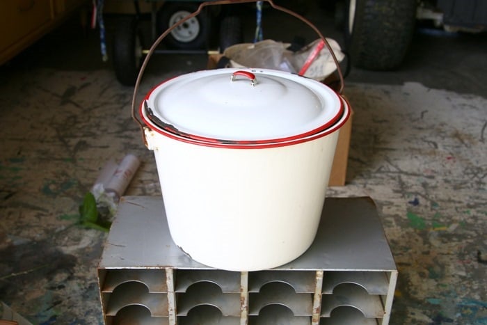 porcelain enamel bucket with lid bought at an auction