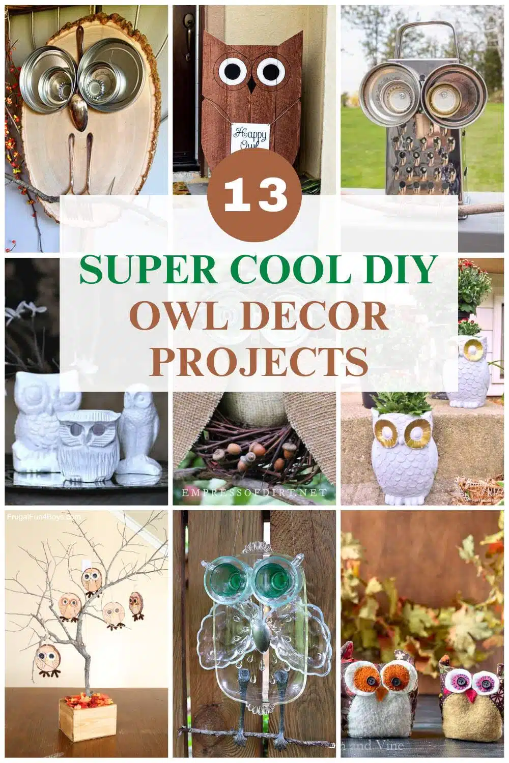 collage with 9 diy owl decor projects