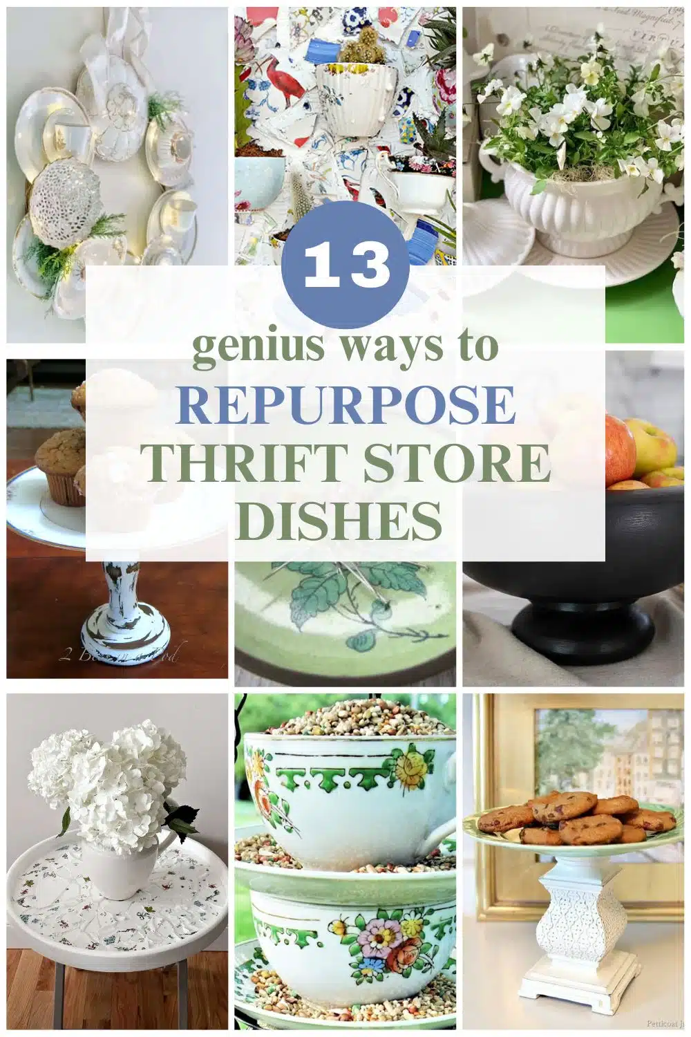 collage with 9 ideas for repurposing thrift store dishes