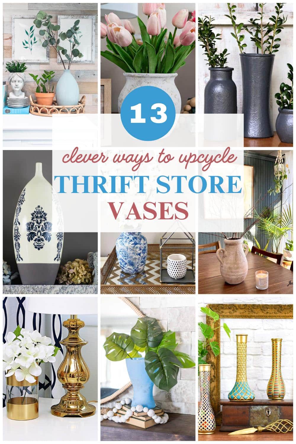 9 image collage with thrift store vases