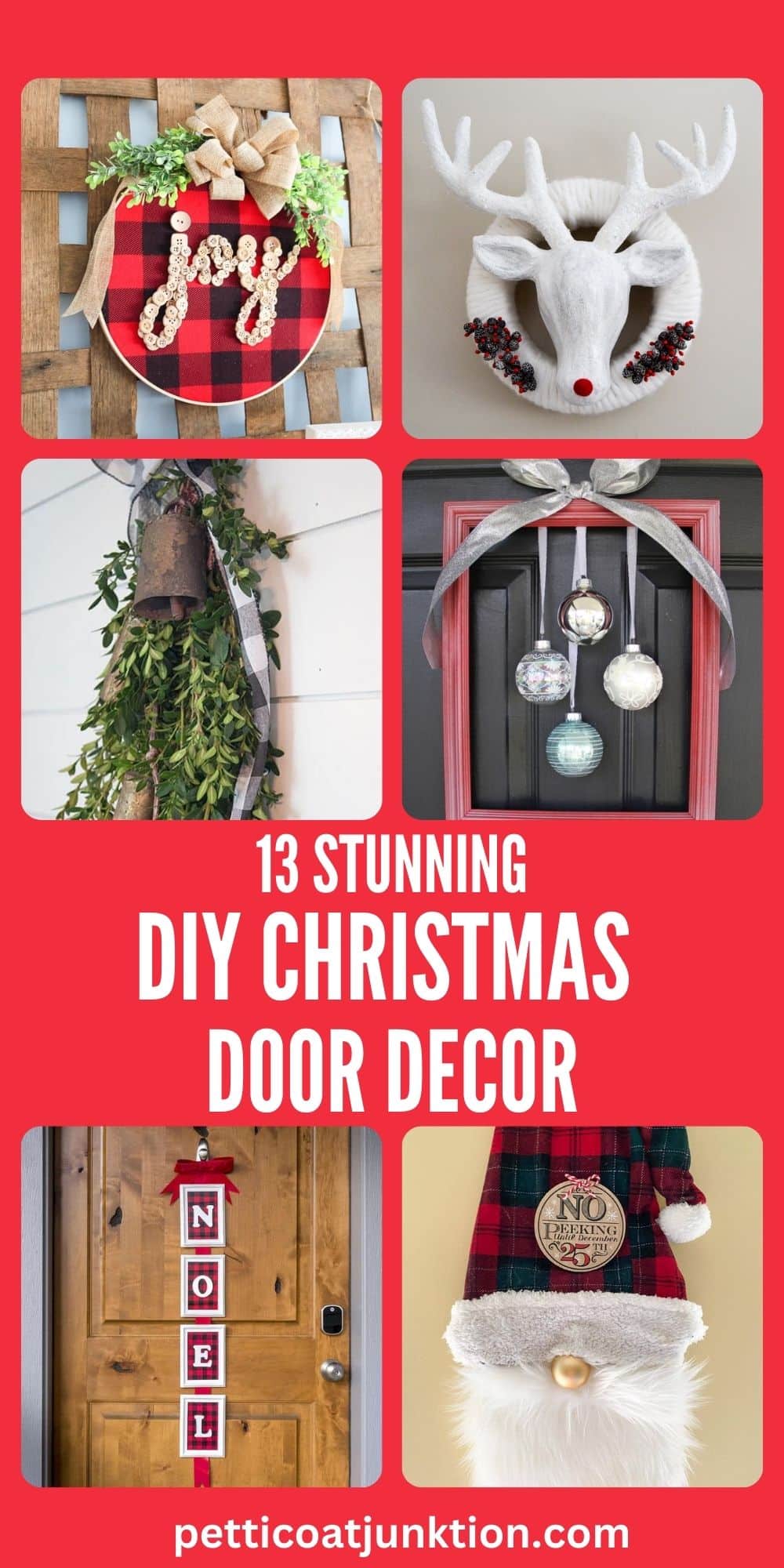 collage with 6 Christmas door decor with text