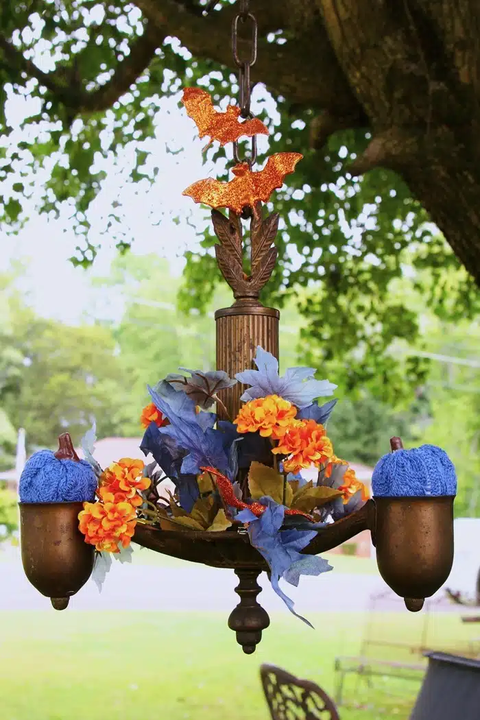 repurposed brass chandelier for Fall decorating 